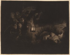 羊飼いの崇拝：夜の作品 作： Rembrandt van Rijn