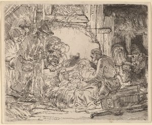 羊飼いの礼拝：ランプとともに 作： Rembrandt van Rijn