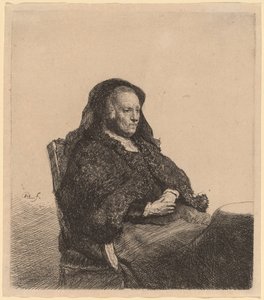 テーブルに座って右を見ている芸術家の母親 作： Rembrandt van Rijn