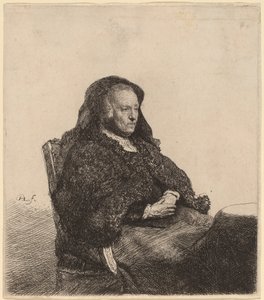 テーブルに座って右を見ている芸術家の母親 作： Rembrandt van Rijn