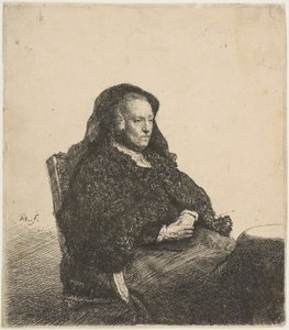 右向きのテーブルに座っているアーティストの母：約4分の3の長さ1631年。 作： Rembrandt van Rijn