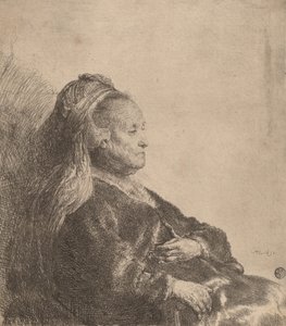 1631年、オリエンタルな頭飾りをつけて座っている芸術家の母親。 作： Rembrandt van Rijn