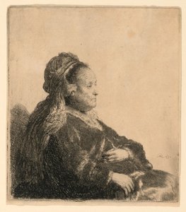 東洋の頭飾りで座っている芸術家の母親: ハーフレングス 作： Rembrandt van Rijn