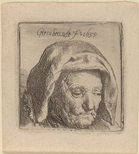 布製の頭飾りをかぶった芸術家の母親が見下ろしている 作： Rembrandt van Rijn