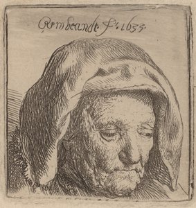 布製の頭飾りをかぶった芸術家の母親、見下ろしている、1633年。 作： Rembrandt van Rijn