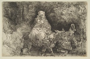 エジプトへの逃避：小川を渡る、1654年。 作： Rembrandt van Rijn