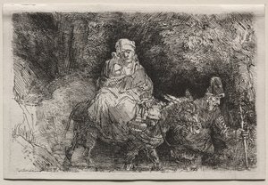 エジプトへの飛行：小川を渡る、1654年。 作： Rembrandt van Rijn