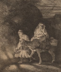 エジプトへの逃避：夜の作品、1651年。 作： Rembrandt van Rijn