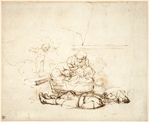天使と共に眠る聖家族1645年（紙にガッシュを塗ったペンとインク） 作： Rembrandt van Rijn