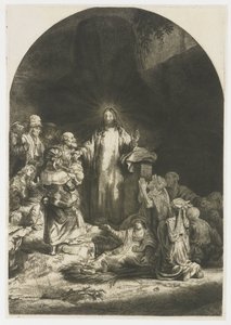 The Hundred Guilder Print: キリストの説教が描かれた中心部分、アーチ型のプレート 作： Rembrandt van Rijn