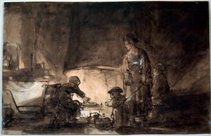 レンブラントの家のキッチン、1650年代。 作： Rembrandt van Rijn