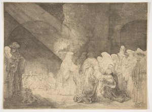 寺院でのプレゼンテーション：長方形プレート。 作： Rembrandt van Rijn