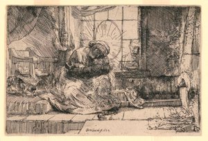 窓際の猫とヨセフと聖母子 作： Rembrandt van Rijn