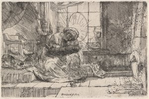 聖母子と猫と蛇、1654年。 作： Rembrandt van Rijn