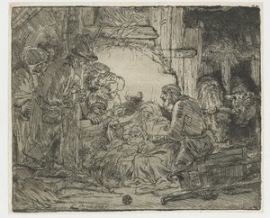 羊飼いの崇拝：ランプとともに 作： Rembrandt van Rijn