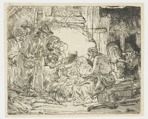羊飼いの崇拝：ランプとともに 作： Rembrandt van Rijn