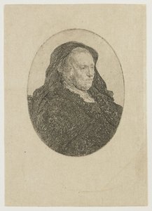 テーブルに座り、右を向いている画家の母親：3/4身像 作： Rembrandt van Rijn