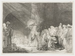 寺院でのプレゼンテーション：横長のプリント 作： Rembrandt van Rijn