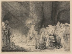 寺院でのプレゼンテーション：横長のプリント 作： Rembrandt van Rijn
