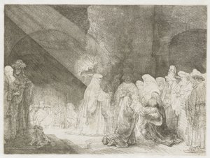 神殿での奉献：長方形の版画 作： Rembrandt van Rijn