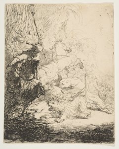小さなライオン狩り、2頭のライオン、ca。 1632。 作： Rembrandt van Rijn