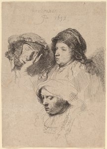 3 つの頭の女性、1 つは眠っている 作： Rembrandt van Rijn