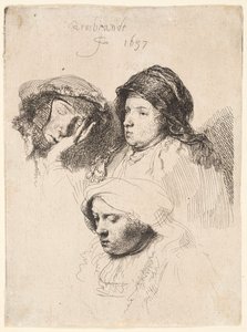 3 つの頭の女性、1 つは眠っている 作： Rembrandt van Rijn