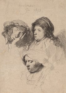 女性の 3 つの頭、1 つの眠っている、1637 年。 作： Rembrandt van Rijn