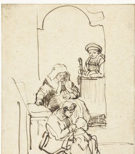 ドアのそばにいる 3 人の女性と 1 人の子供 作： Rembrandt van Rijn