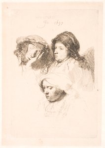 女性の 3 つの頭、1 つは眠っています。 作： Rembrandt van Rijn