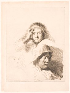 3 つの女性の頭部、1 つは軽くエッチングされています 作： Rembrandt van Rijn