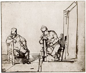 1913年、出入り口に座った2人の男性。 作： Rembrandt van Rijn