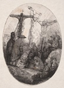 二人の悪党に挟まれての磔刑（楕円形の版画） 作： Rembrandt van Rijn