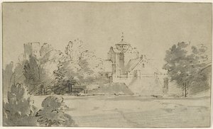 南からのユトレヒトのマリアケルクの眺め、1652年頃（ペンとインク、紙にウォッシュ） 作： Rembrandt van Rijn