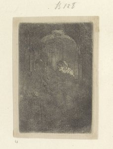 戸口で子供を持つ男性と話している女性 Requeil de quatre-vingt-cinq estampes originales (シリーズタイトル) 作： Rembrandt van Rijn