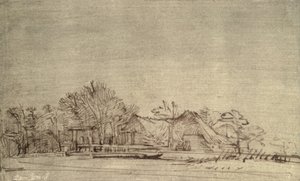 木々の中にコテージがある冬の風景、1650年頃（葦のペンと茶色のインク） 作： Rembrandt van Rijn