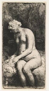 小川で足を洗う女性 作： Rembrandt van Rijn