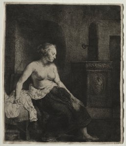 半身裸でストーブのそばに座っている女性 作： Rembrandt van Rijn