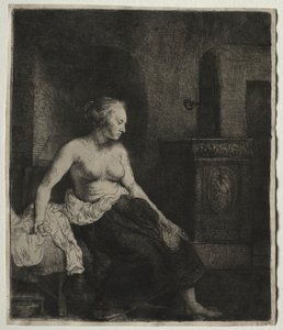 ストーブの横で半分服を着た女性、1658年。 作： Rembrandt van Rijn