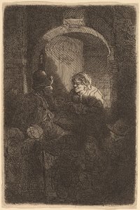 男性と子供たちに話しかけるドア ハッチの女性 (校長) 作： Rembrandt van Rijn
