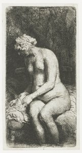 小川で足を水浴びする女性 作： Rembrandt van Rijn