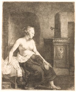 半身裸でストーブのそばに座っている女性 作： Rembrandt van Rijn