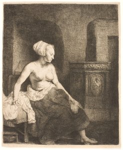 半身裸でストーブのそばに座っている女性 作： Rembrandt van Rijn
