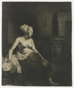 半身裸でストーブのそばに座っている女性 作： Rembrandt van Rijn
