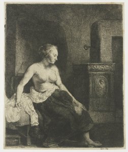 半身裸でストーブのそばに座っている女性 作： Rembrandt van Rijn