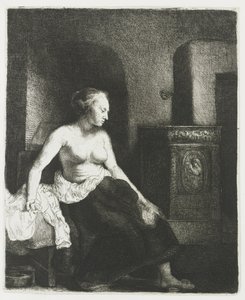 半身裸でストーブのそばに座っている女性 作： Rembrandt van Rijn