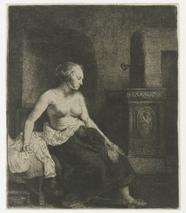 半身裸でストーブのそばに座っている女性 作： Rembrandt van Rijn