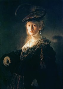 デザインの凝った服の若い女性 作： Rembrandt van Rijn