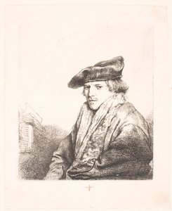 彼のそばに本を持つベルベット キャップの若い男 作： Rembrandt van Rijn