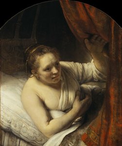 ベッドの若い女性、1645-1647。 作： Rembrandt van Rijn